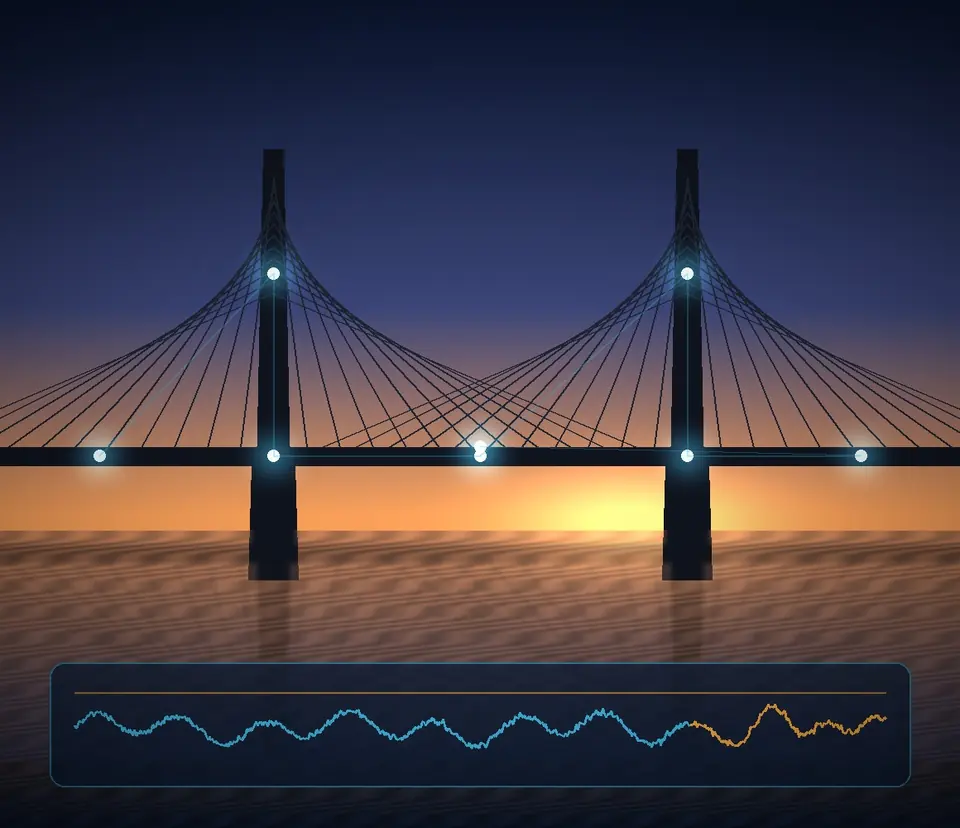 Cable-stayed bridge with sensor points and a vibration trace
